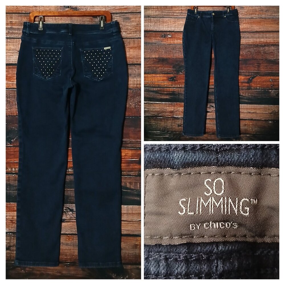Chicos Jeans Size 1 US 8 So Slimming Mid Rise Straight Embellished Dark Wash